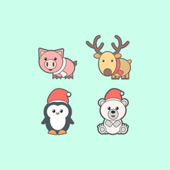Set of cute animals for the new year. Pig, deer, penguin and bear color illustrations