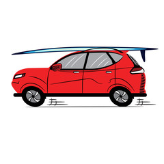 Red Car with Surfboard.Sketch-Style Icon. Symbol. Sign. Stock Vector Illustration. Transparent. White Isolated.