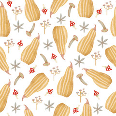 Seamless pattern with yellow pumpkin, mushrooms and herbal on white background as fabric, textile, clothes, paper. Raster illustration