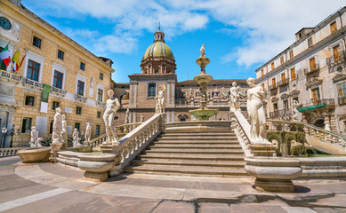 The famous Praetorian Fountain (Fontana Pretoria) in Palermo. Sicily, southern Italy.