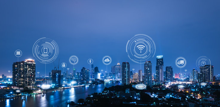 Cityscape with connecting dot technology of smart city conceptual