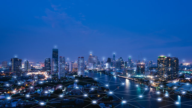 Cityscape with connecting dot technology of smart city conceptual