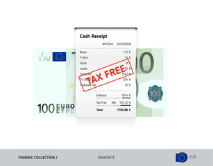 Receipt with 100 Euro Banknote. Flat style sales printed shopping paper bill with red tax free stamp. Shopping and sales concept. 