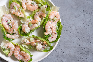 Shrimp salad wraps in lettuce leaves
