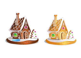 Two gingerbread houses. Cute hand drawn honey cakes. Traditional sweet Christmas treat. Colorful vector illustration.