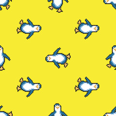 Seamless pattern with penguins on yellow background. Cute pixel penguins. 8 bit vector illustration. Winter animals pattern.