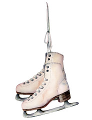 Watercolor skates. Hand painted white skates isolated on white background. Holiday symbol for design, print. Christmas illustration. Seasonal sport object.