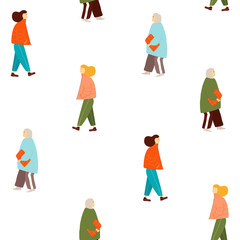 Seamless pattern with walking women. Vector hand drawn illustration.