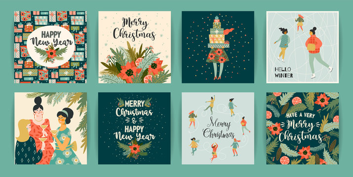 Christmas and Happy New Year templates. Trendy retro style.