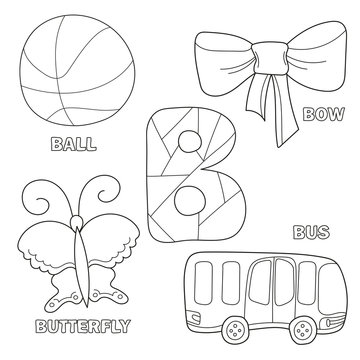 Kids alphabet coloring book page with outlined clip arts to color. Letter B. Bus, ball, bow, butterfly. Hand drawn outline cartoon character and letter for childrens typeface