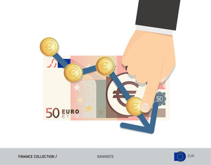 Exchange rate graph with 50 Euro Banknote and coins. Flat style vector illustration. Business concept.