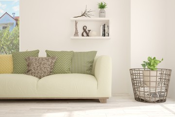 White room with sofa and green landscape in window. Scandinavian interior design. 3D illustration