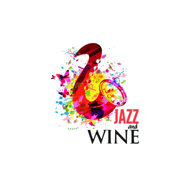 Music colorful background with saxophone flat vector illustration. Artistic music festival poster, live concert, listening to music, creative design with sax. Party flyer