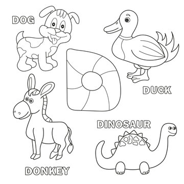 Kids alphabet coloring book page with outlined clip arts. Letter D - dinosaur, dog, duck, donkey