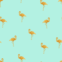 Seamless mint pattern with gold flamingo