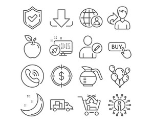 Fototapeta premium Set of Truck transport, Balloons and International recruitment icons. Dollar target, Cross sell and Coffeepot signs. Edit user, Buy button and Download symbols. Delivery, Air balloons, Apple vector