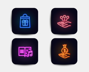 Neon glow lights. Set of Consolidation, Holidays shopping and Music book icons. Income money sign. Strategy, Gifts bag, Musical note. Savings. Neon icons. Glowing light banners. Vector