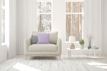 White room with armchair and winter landscape in window. Scandinavian interior design. 3D illustration