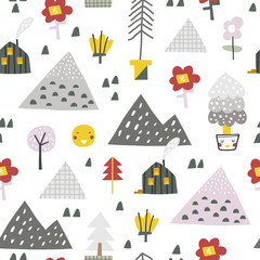 Seamless colorful pattern with house, trees, mountain and flowers. Nordic nature landscape concept. Perfect for kids fabric, textile, nursery wallpaper. Seamless landscape.