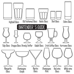Drink glasses with titles, black and white icons set.