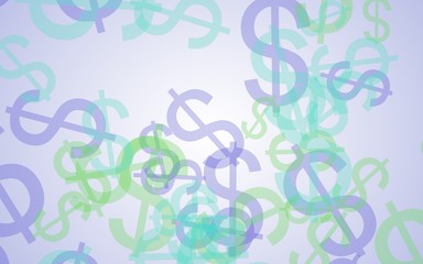 Multicolored translucent dollar signs on white background. Green tones. 3D illustration