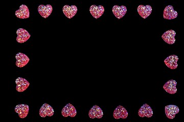 Hearts red on black background, frame, Saint Valentine holiday. Valentine's day holiday, Valentines, hearts, cards, congratulations, recognition. 