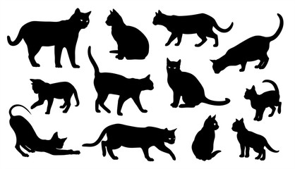 Cat vector silhouettes set Isolated On White Background, cats in different poses