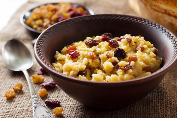 Sweet millet porridge with raisins and dried cranberries