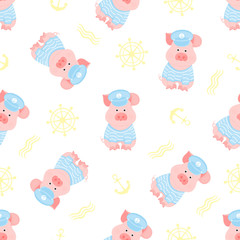 A funny piggy in a sailor's sweater and captain's hat seamless pattern.