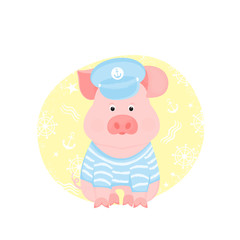 A funny piggy in a sailor's striped T-shirt and captain's visor