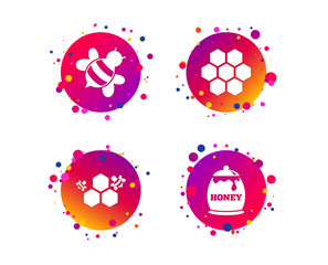 Fototapeta na wymiar Honey icon. Honeycomb cells with bees symbol. Sweet natural food signs. Gradient circle buttons with icons. Random dots design. Vector