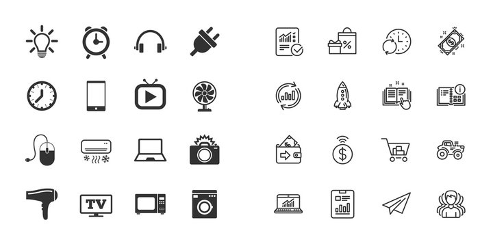 Set of Electronics, Home appliances and Devices icons. Hairdryer, Photo camera and Notebook signs. Air conditioning, Washing machine and Microwave oven symbols. Vector