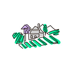 Vector Line icon. Vineyard landscape. One line colored drawing. Isolated on white background