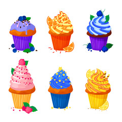 Vector cartoon style illustration of sweet cupcakes. Delicious sweet desserts decorated with creme and sprinkles. Set. Muffins isolated on white background.