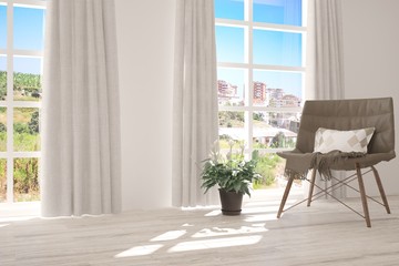 Idea of white room with armchair and summer landscape in window. Scandinavian interior design. 3D illustration