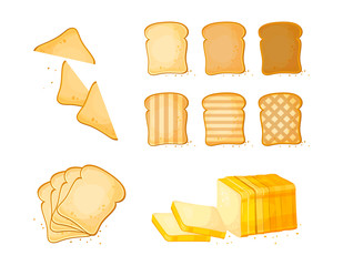Set of slices toast bread icons. Vector illustration isolated on a white background. Bakery product in cartoon style.