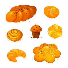 Set vector sweet bread icons. Vector illustration isolated on a white background. Bakery product in cartoon style.