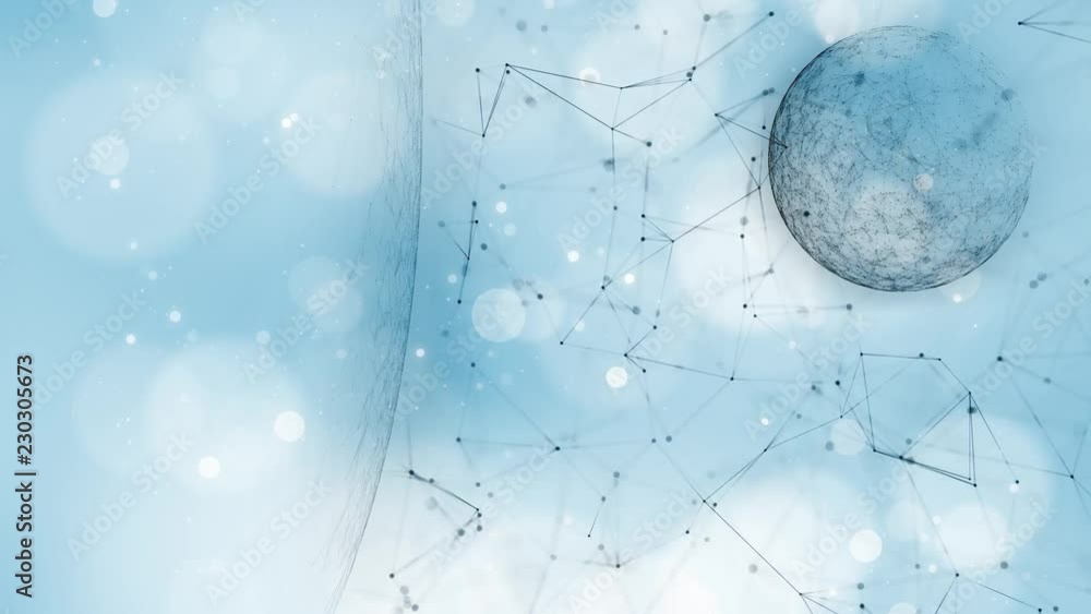 Poster futuristic lines and dots cyberspace planets in the universe on soft blue bokeh motion background.