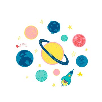 Simple set with planets in space. Vector illustration.