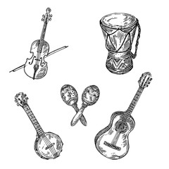 Set of musical instruments. Violin, maracas, guitar, banjo and drum. Sketch. Engraving style. Vector illustration. - obrazy, fototapety, plakaty