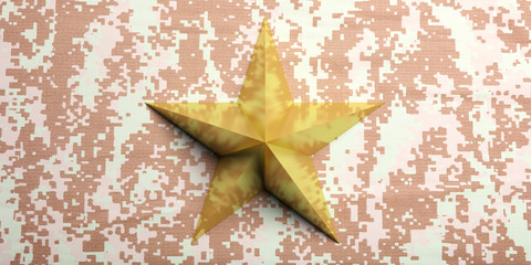 Golden star on American military uniform background. 3d illustration
