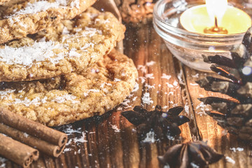 Fototapeta premium Homemade oatmeal cookies, cinnamon and anise seeds