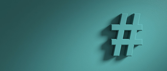 Hashtag sign on green wall background, banner, copy space. 3d illustration - obrazy, fototapety, plakaty