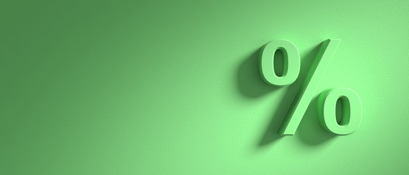 Percentage sign on green wall background, banner, copy space. 3d illustration