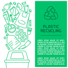 Plastic waste recycling information booklet. Trash flies in the trash can. Line style vector illustration. There is place for your text