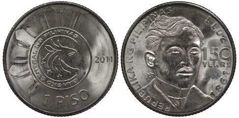 The Philippines coin 1 one piso 2011, subject 150th Anniversary – Birth of Jose Rizal, emblem of central bank in center, date at right, bust in 3/4 right, 