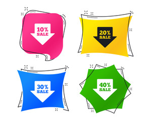 Sale arrow tag icons. Discount special offer symbols. 10%, 20%, 30% and 40% percent sale signs. Geometric colorful tags. Banners with flat icons. Trendy design. Vector