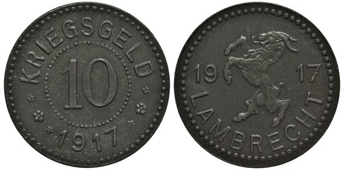 Germany German City of Lambrecht zinc coin 10 pfennig 1917, World War I emergency issue, value...