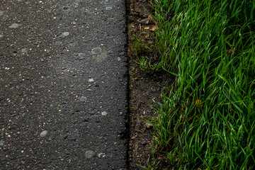 gray asphalt and green grass.