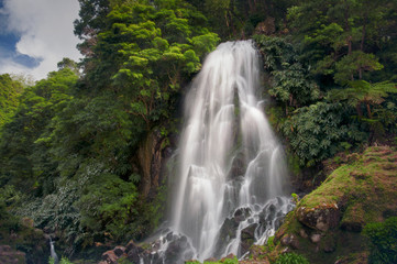Fototapeta na wymiar Landscape with a waterfall, Portugal. Ribeira dos Caldeiroes Nature Reserve at Achada, Nordeste, Azores
